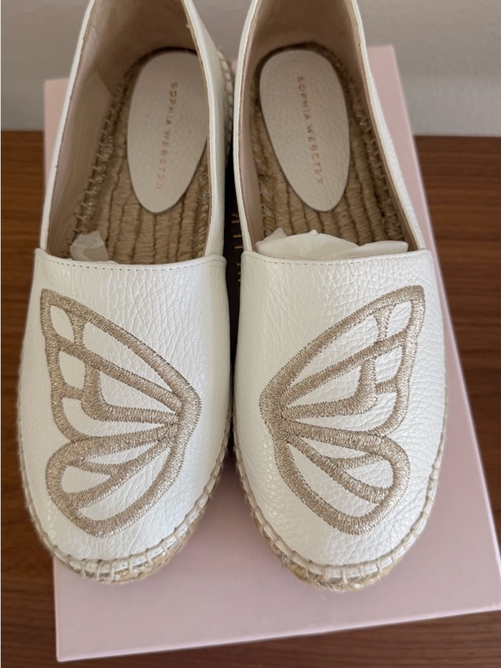 Sophia Webster Cream Leather Espadrille Flats with Gold Butterfly! Size 39.5